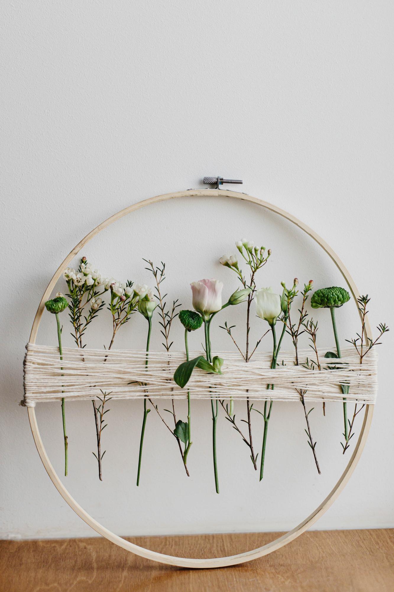Circular embroidery hoop with botanical design